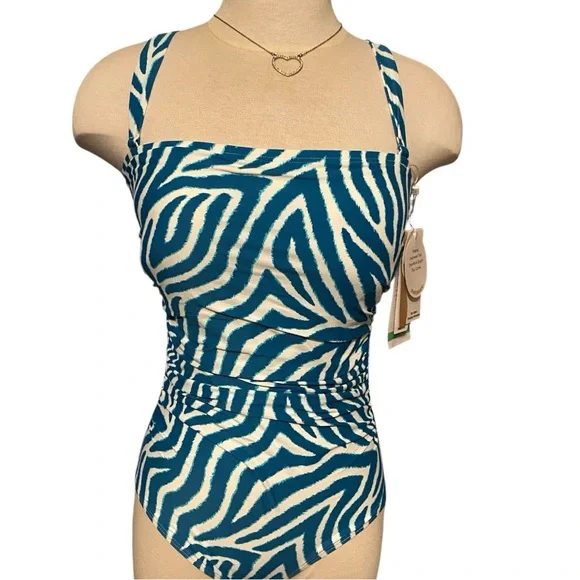 Womens Teal Zebra Print One Piece Swimsuit - Picture 4 of 16